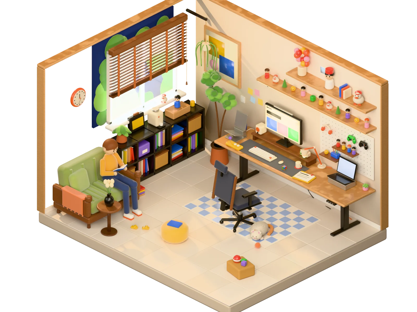 A cartoon isometric study: green sofa, black cube bookshelf under wooden blinds, a standing desk with a monitor, desk lamp and pegboard, a sleeping cat on a checkered rug.